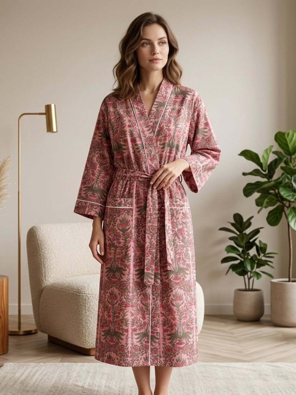 Hand block Print Cotton Kimono Robe, Floral Lounge Gown, Bridesmaid Gift, Resort